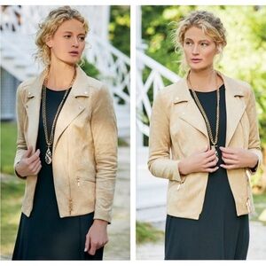 SOFT SURROUNDINGS Martine Camel Faux Suede Asymmetrical Moto Jacket Gold Zippers